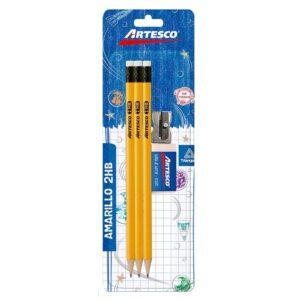 Lápiz 2Hb Amarillo Artesco Blíster X 3 Und + Borrador + Tajador